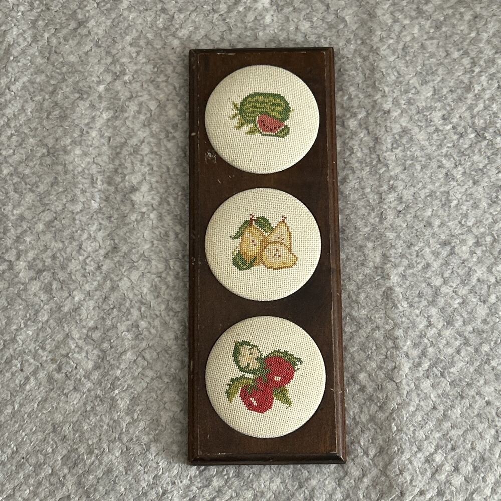 Vintage Framed Cross Stitch Fruit Vegetable Kitchen Wall Hanging Handmade